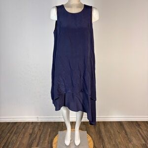 ❤️ Eileen Fisher 100% Silk Asymmetrical Tiered Dress Midnight Navy M